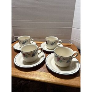 LENOX POPPIES ON BLUE CHINASTONE 4 TEA CUPS AND SAUCERS